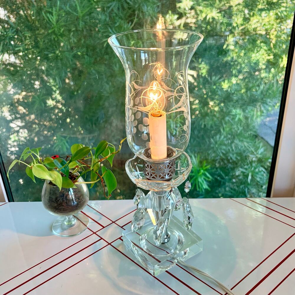 Vintage Crystal Hurricane Lamp Etched Shade Prisms Hollywood Regency